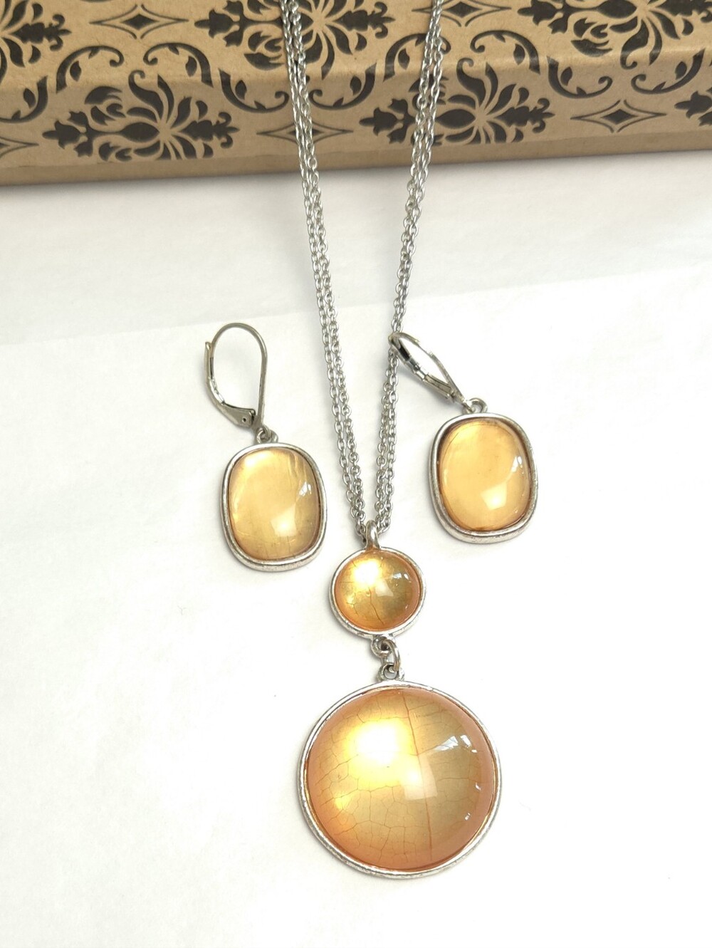 Baked Beads Glowing Honey Amber Sun Spangled Round Cabochon Necklace & Earrings